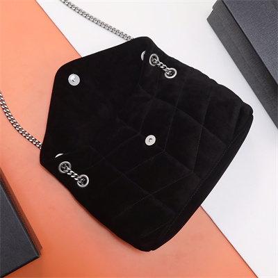 Y.S.L PUFFER SMALL In Suede Leather Silver Tone Metal Black Color