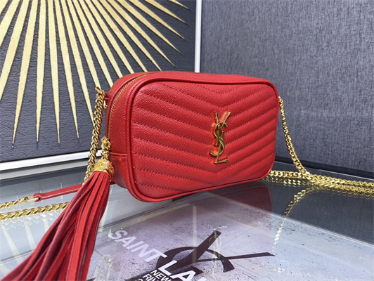 Y.S.L MINI LOU In Red Quilted Grain De Poudre Embossed Leather Gold Tone Metal