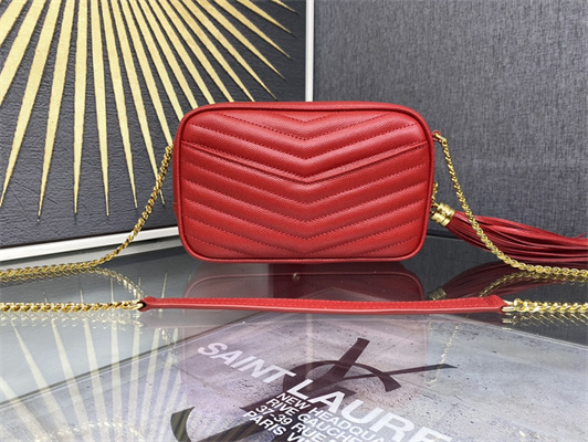 Y.S.L MINI LOU In Red Quilted Grain De Poudre Embossed Leather Gold Tone Metal