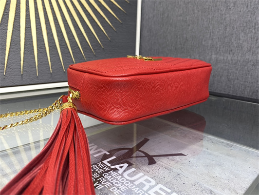 Y.S.L MINI LOU In Red Quilted Grain De Poudre Embossed Leather Gold Tone Metal