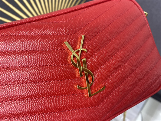 Y.S.L MINI LOU In Red Quilted Grain De Poudre Embossed Leather Gold Tone Metal