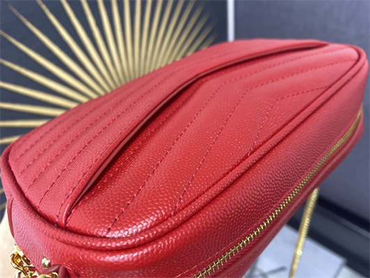Y.S.L MINI LOU In Red Quilted Grain De Poudre Embossed Leather Gold Tone Metal