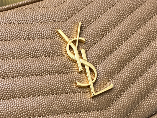 Y.S.L MINI LOU In Dk Beige Quilted Grain De Poudre Embossed Leather Gold Tone Metal