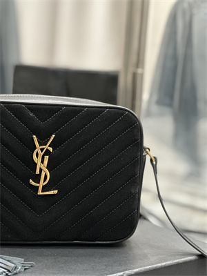 Y.S.L LOU CAMERA BAG In Black Quilted Suede and Smooth Leather Gold Tone Metal
