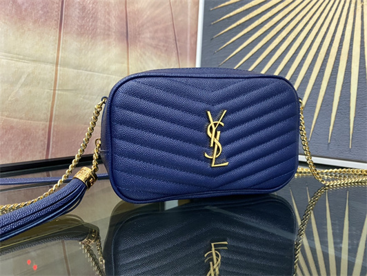Y.S.L MINI LOU In Dk Blue Quilted Grain De Poudre Embossed Leather Gold Tone Metal