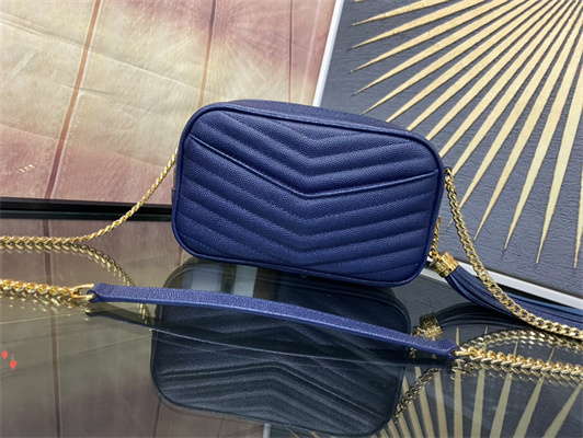 Y.S.L MINI LOU In Dk Blue Quilted Grain De Poudre Embossed Leather Gold Tone Metal