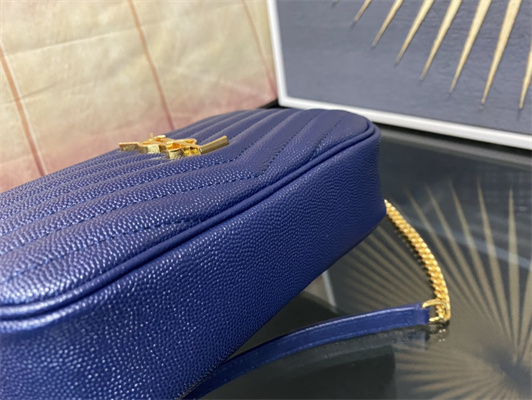 Y.S.L MINI LOU In Dk Blue Quilted Grain De Poudre Embossed Leather Gold Tone Metal