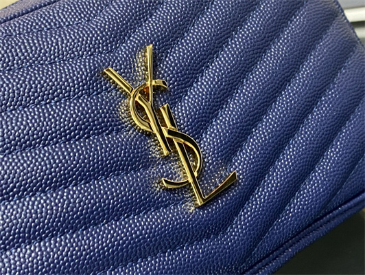 Y.S.L MINI LOU In Dk Blue Quilted Grain De Poudre Embossed Leather Gold Tone Metal