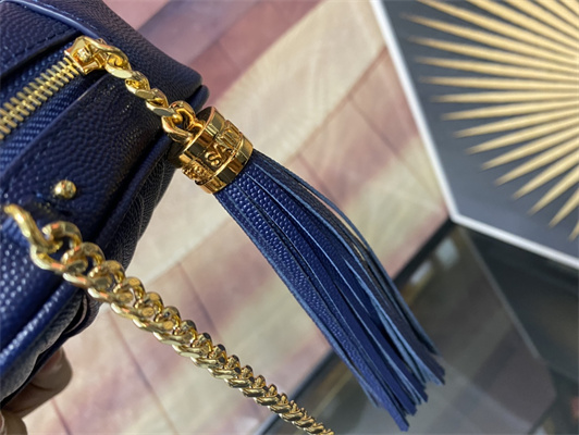 Y.S.L MINI LOU In Dk Blue Quilted Grain De Poudre Embossed Leather Gold Tone Metal