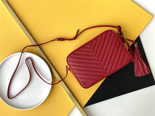 Y.S.L LOU CAMERA BAG In Red Quilted Leather Gold Tone Metal