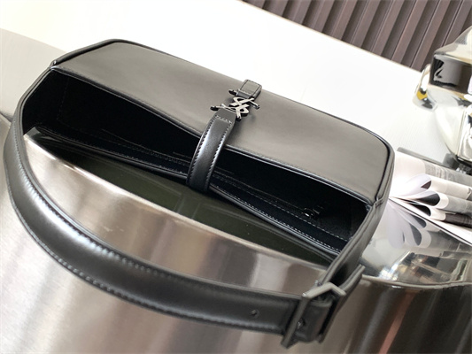 Y.S.L LE 5 A 7 HOBO BAG In Black Smooth Leather Guncolor Tone Metal