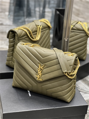 Y.S.L LOULOU MEDIUM In Green Quilted Calfskin Leather Gold Tone Metal