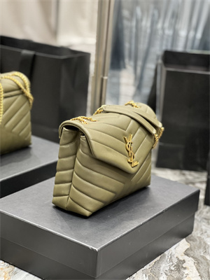 Y.S.L LOULOU SMALL In Green Quilted Calfskin Leather Gold Tone Metal