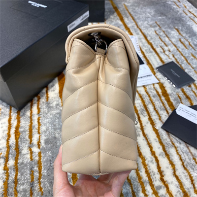 Y.S.L LOULOU SMALL In Beige Quilted Calfskin Leather Silver Tone Metal