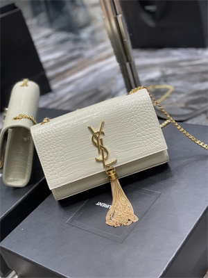 Y.S.L KATE SMALL TASSEL IN CROCODILE EMBOSSED Leather Gold Tone Metal White Color