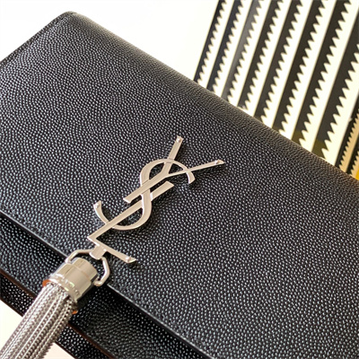 Y.S.L KATE SMALL TASSEL IN GRAIN DE POUDRE EMBOSSED Leather Silver Tone Metal Black Color