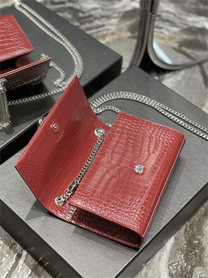 Y.S.L KATE SMALL TASSEL IN CROCODILE EMBOSSED Leather Silver Tone Metal Red Color