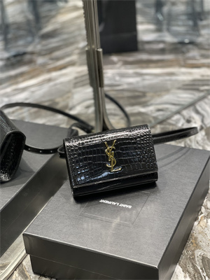 Y.S.L KATE BELT BAG IN CROCODILE EMBOSSED LEATHER Gold Tone Metal Black Color