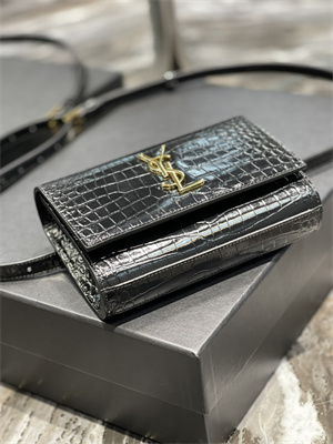 Y.S.L KATE BELT BAG IN CROCODILE EMBOSSED LEATHER Gold Tone Metal Black Color