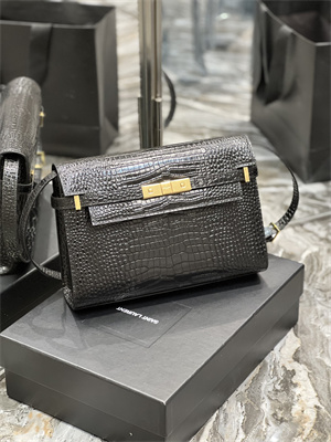 Y.S.L MANHATTAN Shoulder Bag In Black Shinny Crocodile Embossed Leather Gold Tone Metal