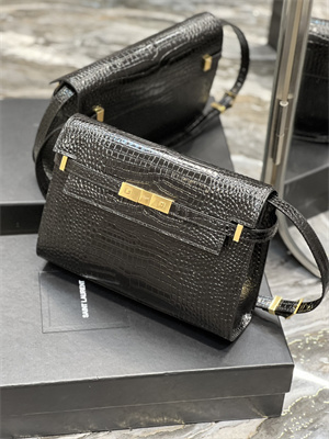 Y.S.L MANHATTAN Shoulder Bag In Black Shinny Crocodile Embossed Leather Gold Tone Metal