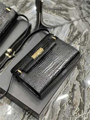 Y.S.L MANHATTAN Shoulder Bag In Black Shinny Crocodile Embossed Leather Gold Tone Metal