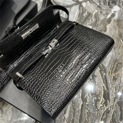 Y.S.L MANHATTAN Shoulder Bag In Black Shinny Crocodile Embossed Leather Silver Tone Metal