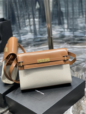 Y.S.L MANHATTAN Shoulder Bag In Cotton Canvas and Brown Smooth Leather
