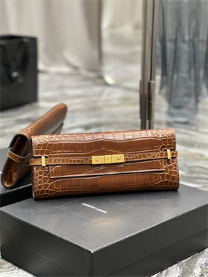 Y.S.L MANHATTAN CLUTCH In Shinny Crocodile Embossed Leather Brown Color