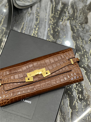 Y.S.L MANHATTAN CLUTCH In Shinny Crocodile Embossed Leather Brown Color