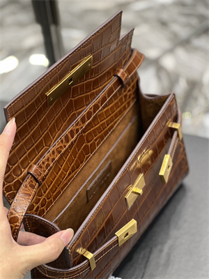 Y.S.L MANHATTAN SMALL Shoulder Bag In Shinny Crocodile Embossed Leather Brown Color