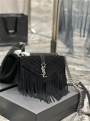 Y.S.L COLLEGE MEDIUM BAG IN QUILTED SUEDE With Fringes Gold Tone Metal Black Color
