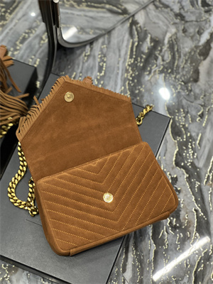 Y.S.L COLLEGE MEDIUM BAG IN QUILTED SUEDE With Fringes Gold Tone Metal Brown Color