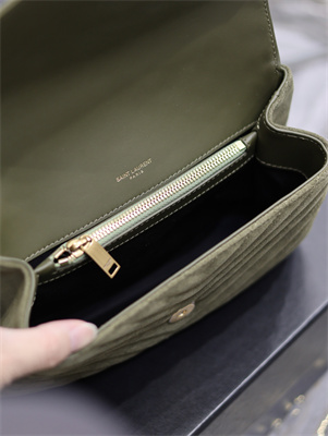 Y.S.L COLLEGE MEDIUM BAG IN QUILTED SUEDE Gold Tone Metal Dk Green Color