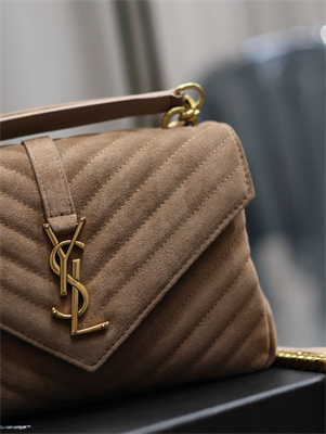 Y.S.L COLLEGE MEDIUM BAG IN QUILTED SUEDE Gold Tone Metal Coffee Color