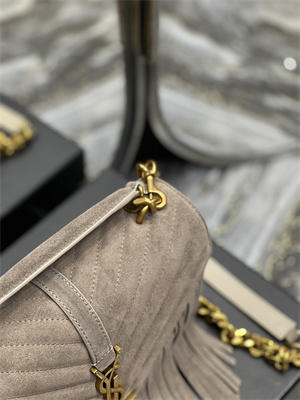 Y.S.L COLLEGE MEDIUM BAG IN QUILTED SUEDE With Fringes Gold Tone Metal Grey Color