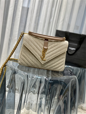 Y.S.L COLLEGE MEDIUM BAG IN QUILTED COTTON and LINEN Gold Tone Metal Beige Color