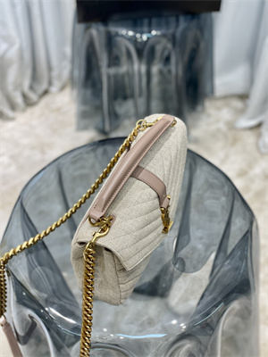 Y.S.L COLLEGE MEDIUM BAG IN QUILTED COTTON and LINEN Gold Tone Metal Beige Color