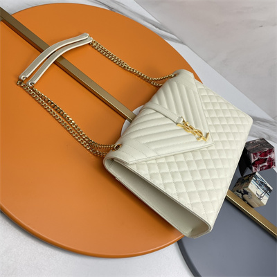 Y.S.L ENVELOPE LARGE IN QUILTED GRAIN DE POUDRE EMBOSSED LEATHER Gold Tone Metal White Color