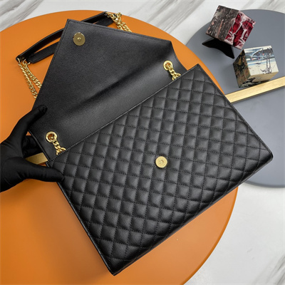 Y.S.L ENVELOPE LARGE IN QUILTED GRAIN DE POUDRE EMBOSSED LEATHER Gold Tone Metal Black Color