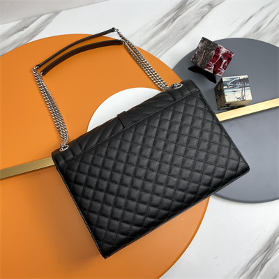 Y.S.L ENVELOPE LARGE IN QUILTED GRAIN DE POUDRE EMBOSSED LEATHER Silver Tone Metal Black Color