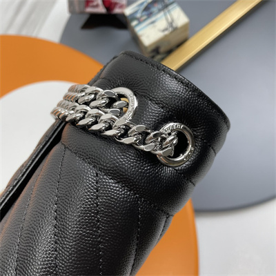 Y.S.L ENVELOPE LARGE IN QUILTED GRAIN DE POUDRE EMBOSSED LEATHER Silver Tone Metal Black Color