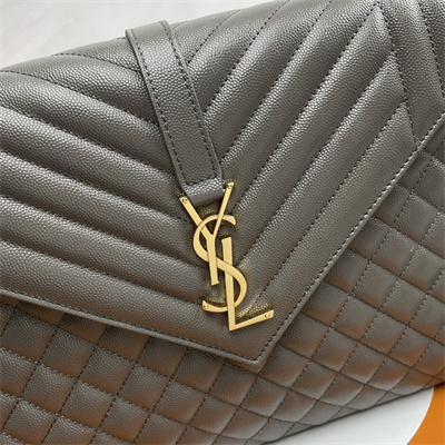 Y.S.L ENVELOPE LARGE IN QUILTED GRAIN DE POUDRE EMBOSSED LEATHER Gold Tone Metal Dk Grey Color