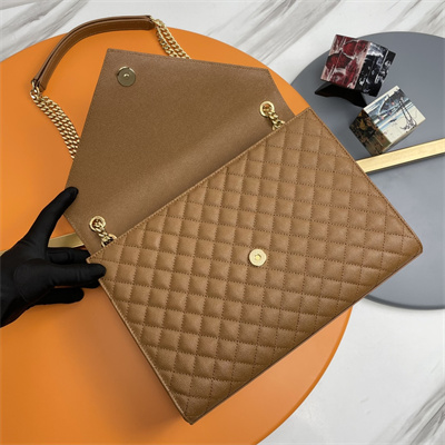 Y.S.L ENVELOPE LARGE IN QUILTED GRAIN DE POUDRE EMBOSSED LEATHER Gold Tone Metal Caramel Color