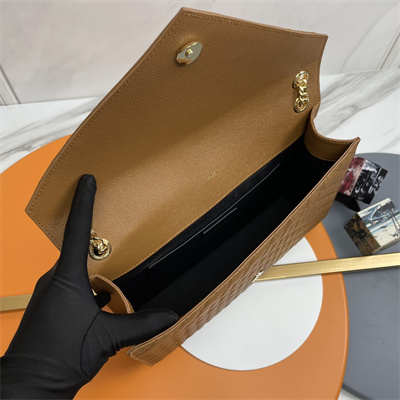 Y.S.L ENVELOPE LARGE IN QUILTED GRAIN DE POUDRE EMBOSSED LEATHER Gold Tone Metal Caramel Color