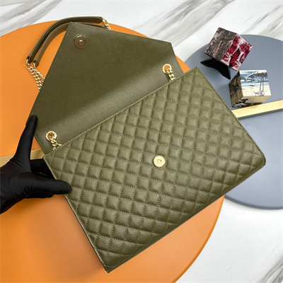 Y.S.L ENVELOPE LARGE IN QUILTED GRAIN DE POUDRE EMBOSSED LEATHER Gold Tone Metal Dk Green Color