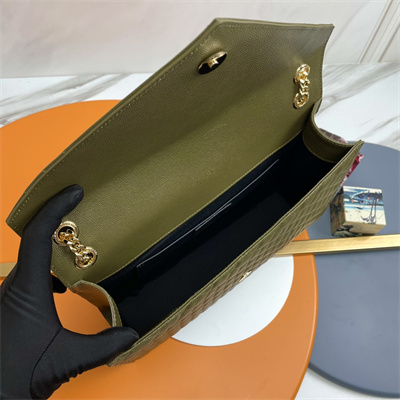 Y.S.L ENVELOPE LARGE IN QUILTED GRAIN DE POUDRE EMBOSSED LEATHER Gold Tone Metal Dk Green Color