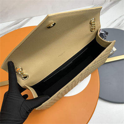 Y.S.L ENVELOPE LARGE IN QUILTED GRAIN DE POUDRE EMBOSSED LEATHER Gold Tone Metal Beige Color