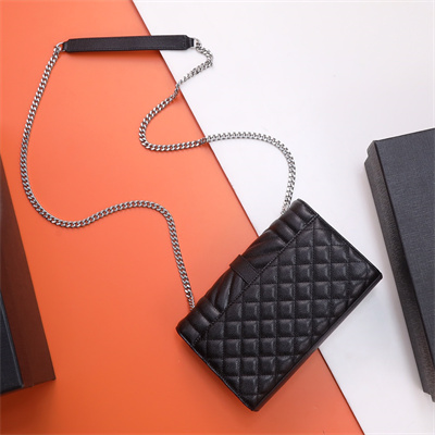 Y.S.L ENVELOPE SMALL IN QUILTED GRAIN DE POUDRE EMBOSSED LEATHER Silver Tone Metal Black Color