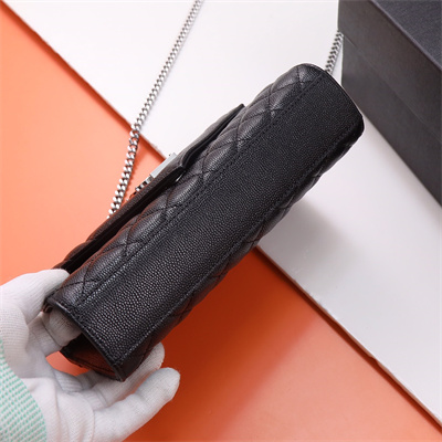 Y.S.L ENVELOPE SMALL IN QUILTED GRAIN DE POUDRE EMBOSSED LEATHER Silver Tone Metal Black Color